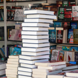 A high stack of books.